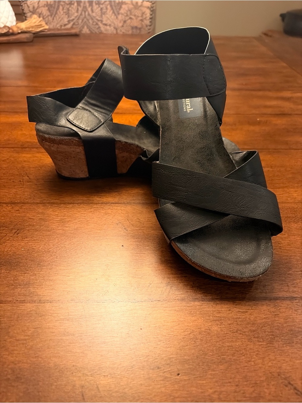 Natural Reflections Black Cork Wedge Sandals - Women's Comfortable Strappy Heels
